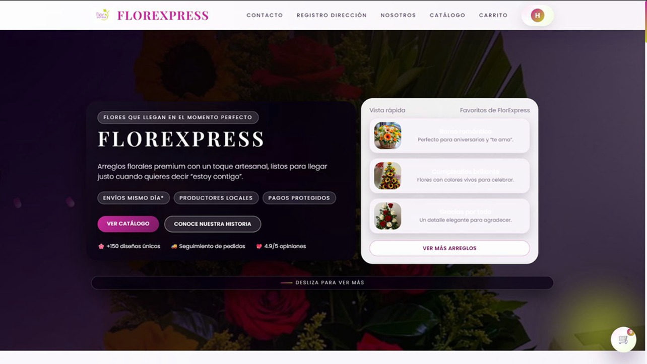 FlorExpress con catálogo y vista rápida de arreglos para un marketplace floral
